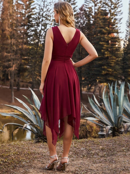 Chiffon Double V-Neck A Line Bridesmaid Dress with Asymmetrical Hem #color_Burgundy