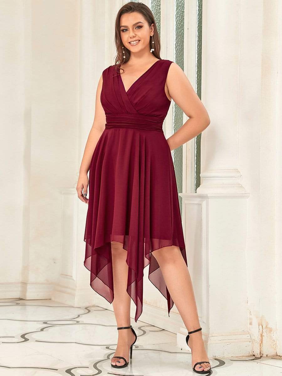 Custom Size Chiffon Double V Neck Asymmetrical Hem Dress #color_Burgundy 