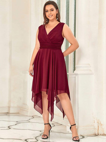 Plus Size Double V Neck Ruched-Waist Midi Chiffon Bridesmaid Dress #color_Burgundy 