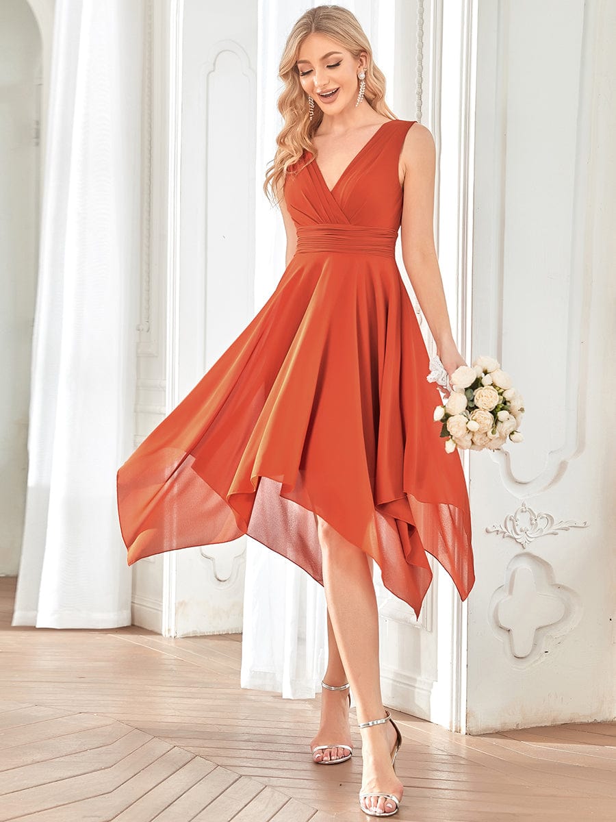 Chiffon Double V-Neck A Line Bridesmaid Dress with Asymmetrical Hem #color_Burnt Orange