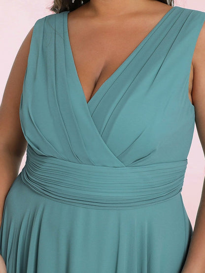 Plus Size Double V Neck Ruched-Waist Midi Chiffon Bridesmaid Dress #color_Dusty Blue 