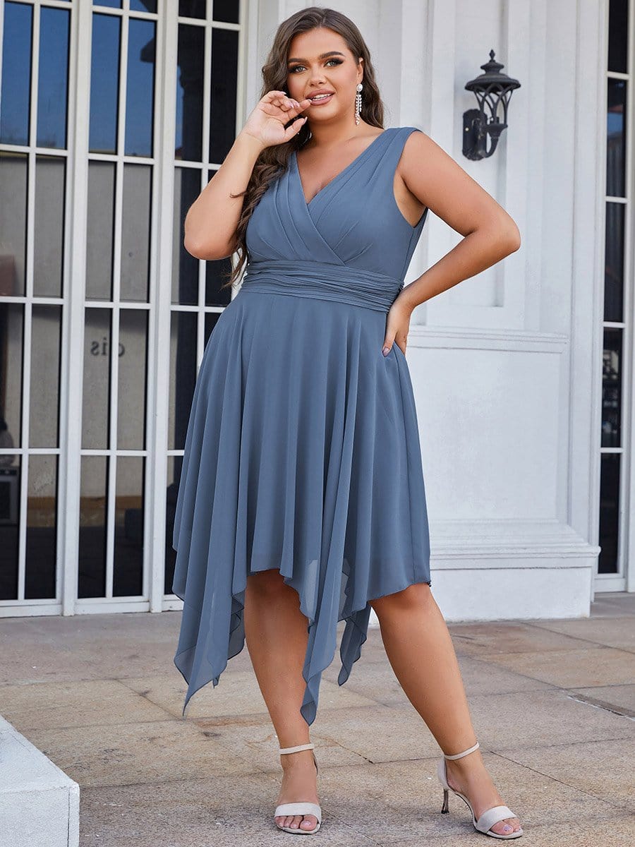 Custom Size Chiffon Double V Neck Asymmetrical Hem Dress #color_Dusty Navy 