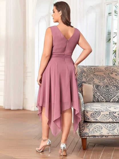 Plus Size Double V Neck Ruched-Waist Midi Chiffon Bridesmaid Dress #color_Purple Orchid 