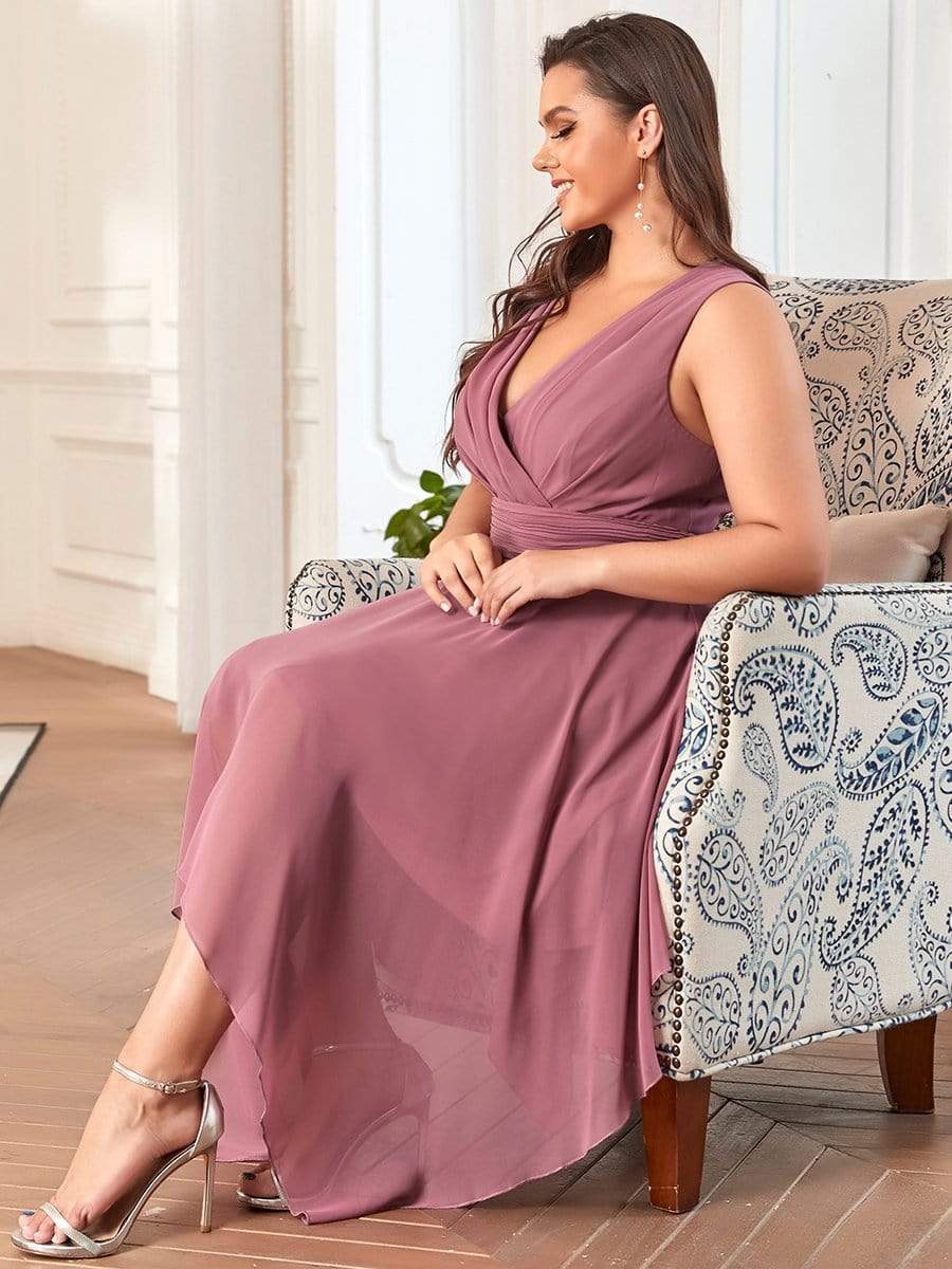 Plus Size Double V Neck Ruched-Waist Midi Chiffon Bridesmaid Dress #color_Purple Orchid 