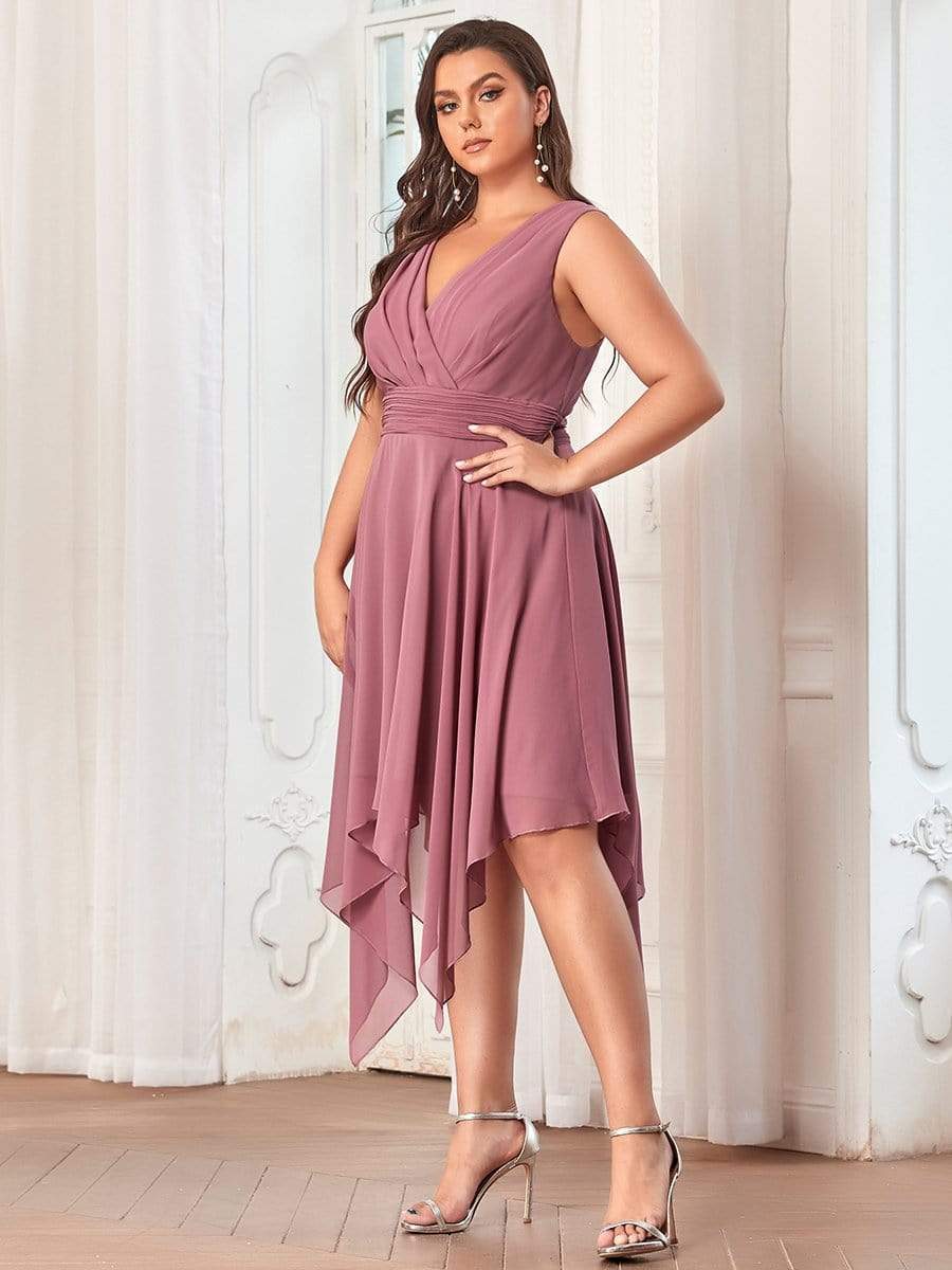 Plus Size Double V Neck Ruched-Waist Midi Chiffon Bridesmaid Dress #color_Purple Orchid 