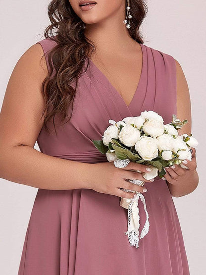 Plus Size Double V Neck Ruched-Waist Midi Chiffon Bridesmaid Dress #color_Purple Orchid 