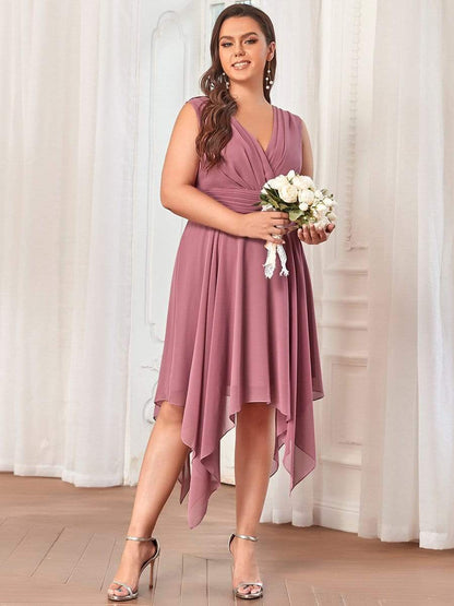 Plus Size Double V Neck Ruched-Waist Midi Chiffon Bridesmaid Dress #color_Purple Orchid 