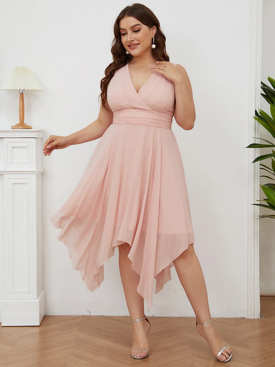 Chiffon Double V-Neck A Line Bridesmaid Dress with Asymmetrical Hem #color_Pink