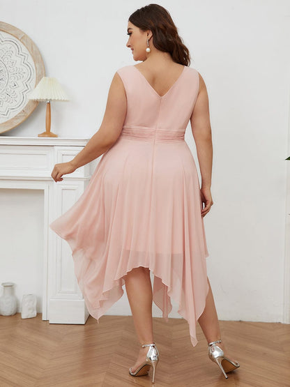 Chiffon Double V-Neck A Line Bridesmaid Dress with Asymmetrical Hem #color_Pink