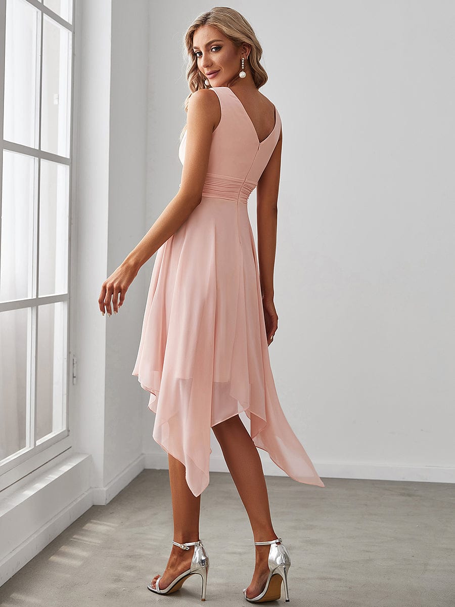 Chiffon Double V-Neck A Line Bridesmaid Dress with Asymmetrical Hem #color_Pink