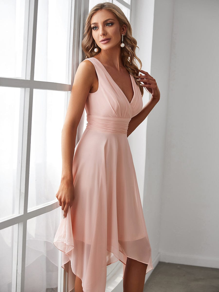 Chiffon Double V-Neck A Line Bridesmaid Dress with Asymmetrical Hem #color_Pink