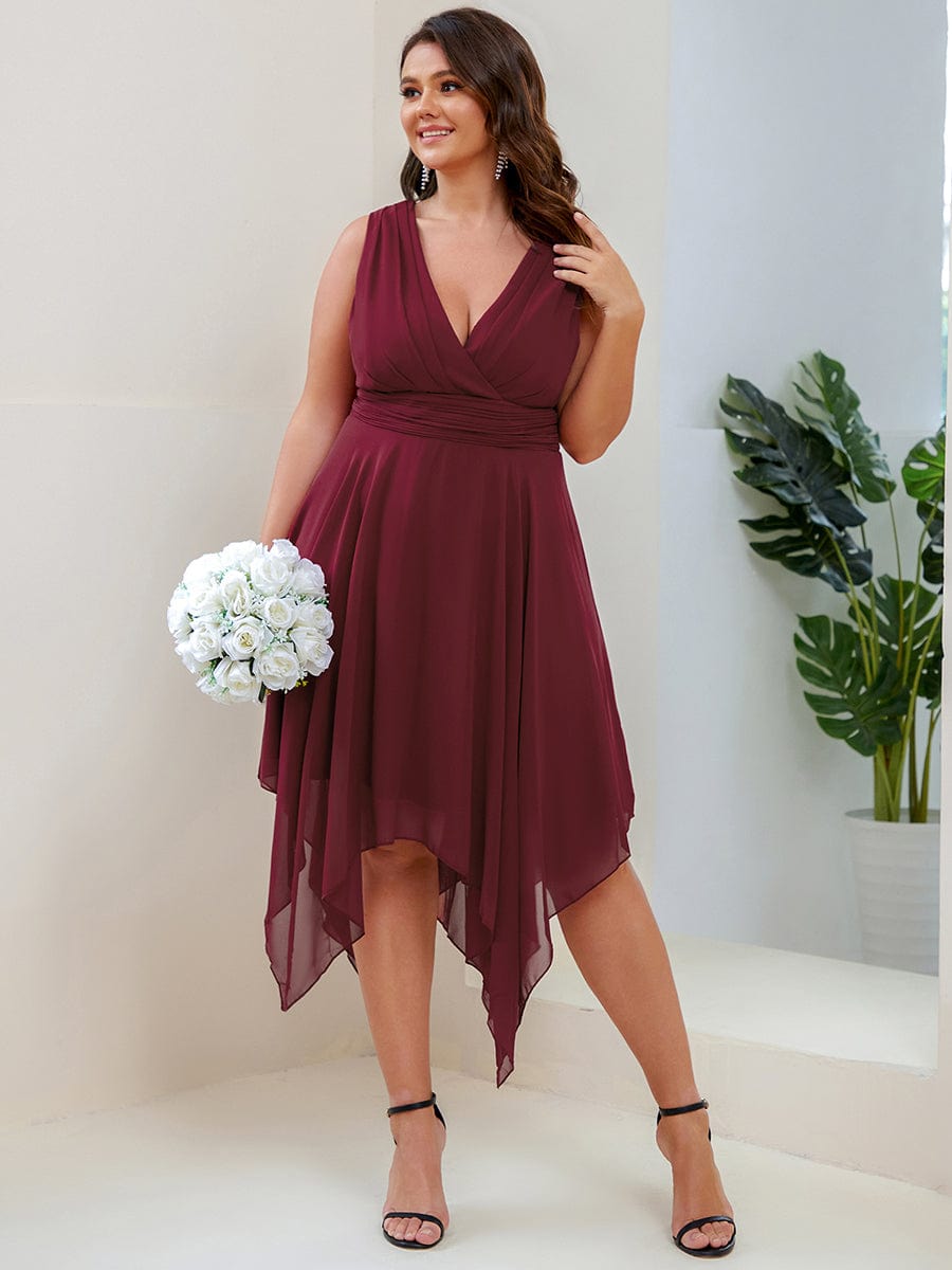 Chiffon Double V-Neck A Line Bridesmaid Dress with Asymmetrical Hem #color_Burgundy