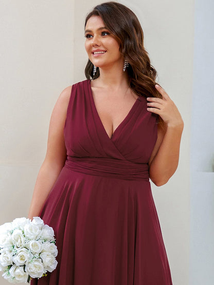 Chiffon Double V-Neck A Line Bridesmaid Dress with Asymmetrical Hem #color_Burgundy