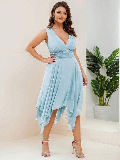 Custom Size Chiffon Double V Neck Asymmetrical Hem Dress #color_Sky Blue