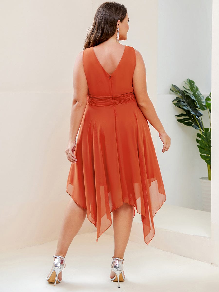 Chiffon Double V-Neck A Line Bridesmaid Dress with Asymmetrical Hem #color_Burnt Orange