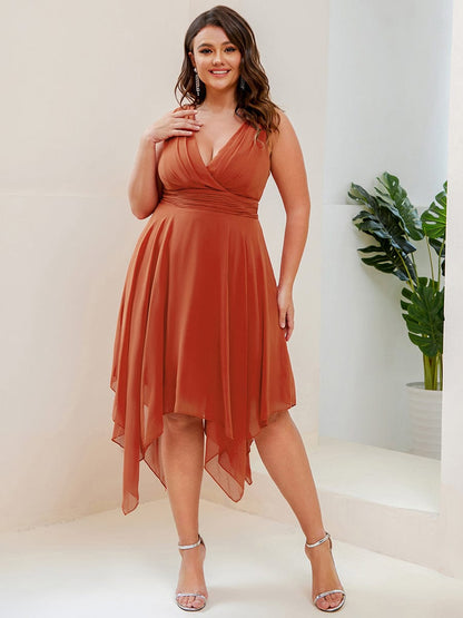 Chiffon Double V-Neck A Line Bridesmaid Dress with Asymmetrical Hem #color_Burnt Orange