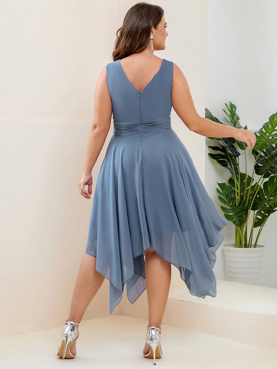 Chiffon Double V-Neck A Line Bridesmaid Dress with Asymmetrical Hem #color_Dusty Navy