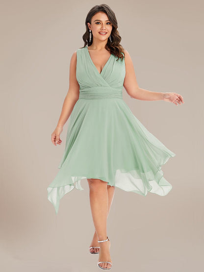 Custom Size Chiffon Double V Neck Asymmetrical Hem Dress #color_Mint Green