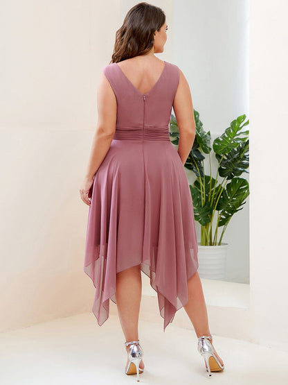 Chiffon Double V-Neck A Line Bridesmaid Dress with Asymmetrical Hem #color_Purple Orchid