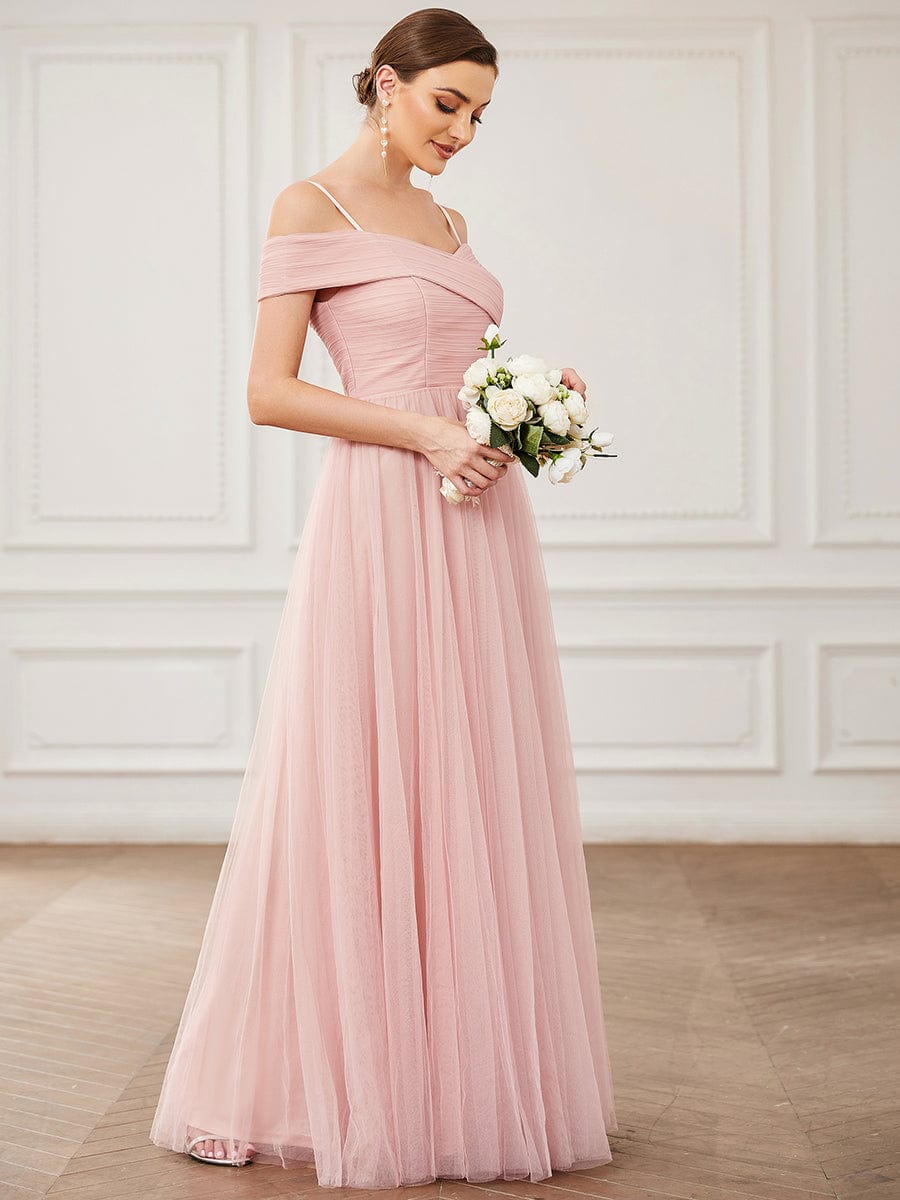 Spaghetti Strap Cold Shoulder Cross Over A-Line Tulle  Bridesmaid Dress #color_Pink