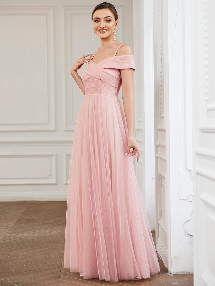 Spaghetti Strap Cold Shoulder Cross Over A-Line Tulle  Bridesmaid Dress #color_Pink