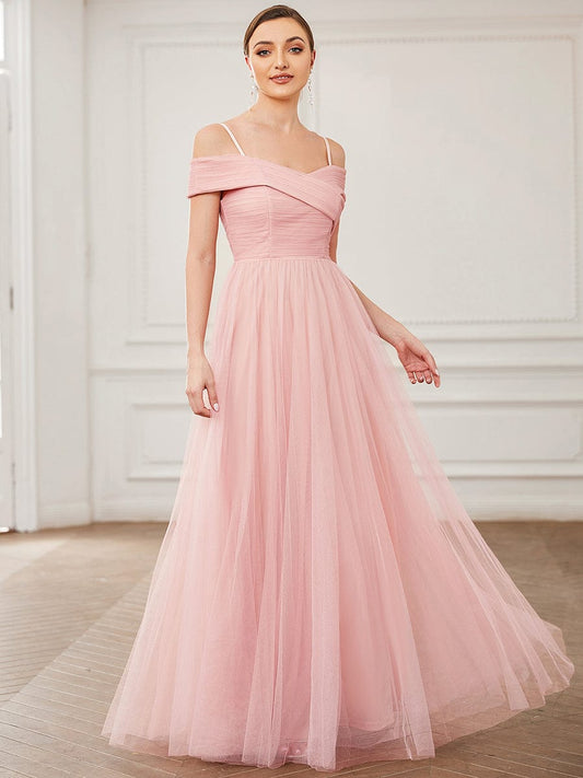 Spaghetti Strap Cold Shoulder Cross Over A-Line Tulle  Bridesmaid Dress #color_Pink