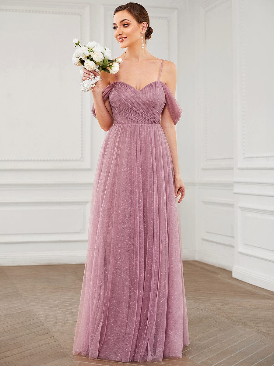 Draped Sleeve Spaghetti Strap A-Line Tulle Bridesmaid Dress #Color_Purple Orchid