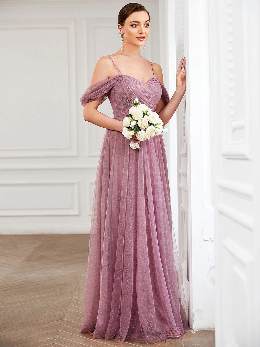 Draped Sleeve Spaghetti Strap A-Line Tulle Bridesmaid Dress #Color_Purple Orchid