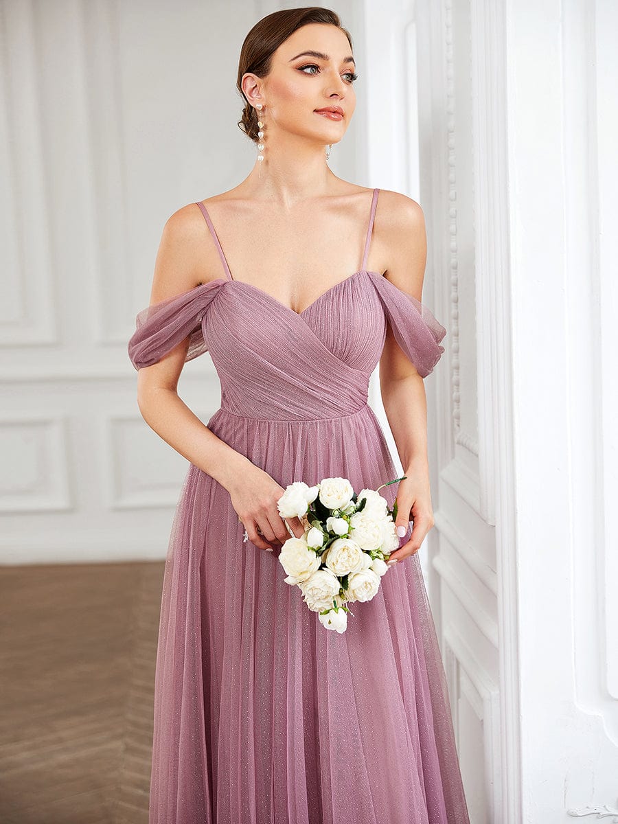 Draped Sleeve Spaghetti Strap A-Line Tulle Bridesmaid Dress #Color_Purple Orchid