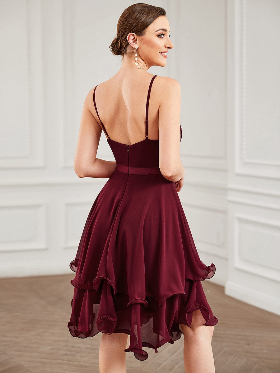 Chiffon Spaghetti Strap Ruffle Knee-Length Ruffled Bridesmaid Dress #color_Burgundy