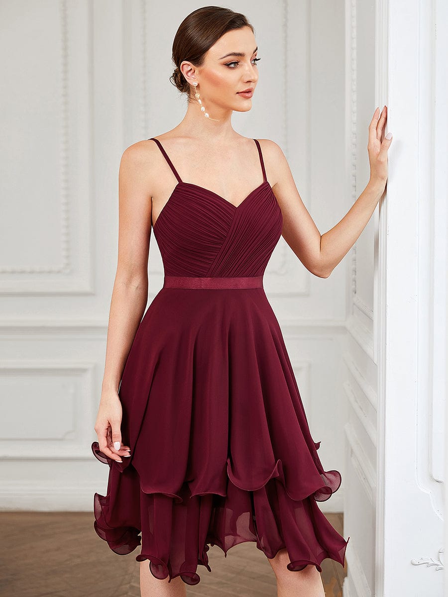 Chiffon Spaghetti Strap Ruffle Knee-Length Ruffled Bridesmaid Dress #color_Burgundy