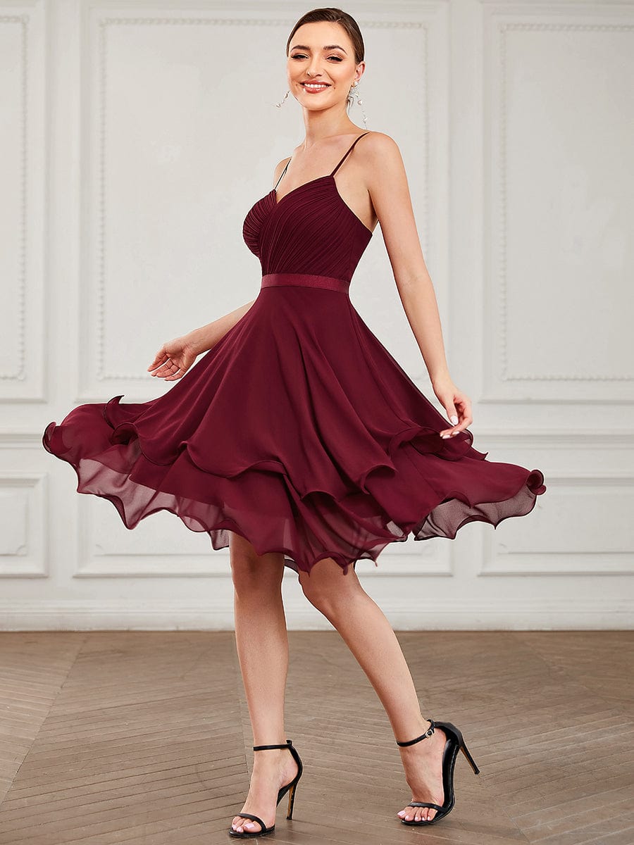 Chiffon Spaghetti Strap Ruffle Knee-Length Ruffled Bridesmaid Dress #color_Burgundy