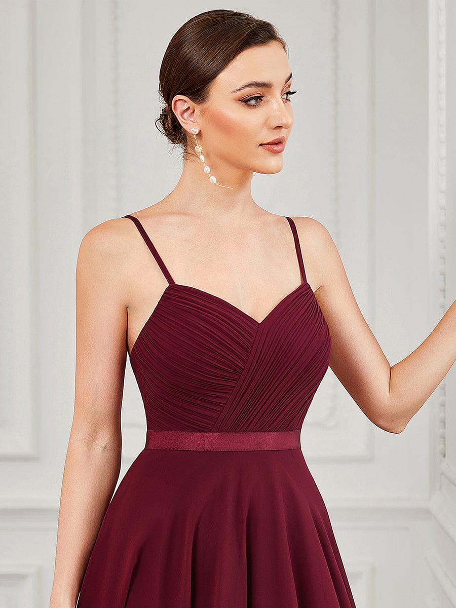 Chiffon Spaghetti Strap Ruffle Knee-Length Ruffled Bridesmaid Dress #color_Burgundy