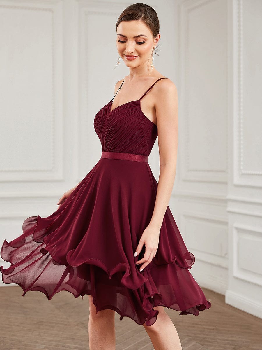 Chiffon Spaghetti Strap Ruffle Knee-Length Ruffled Bridesmaid Dress #color_Burgundy