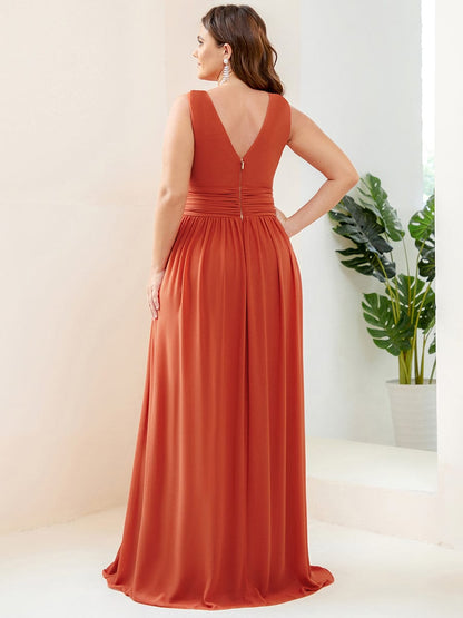 Sleeveless V-Neck Plain Maxi Chiffon Bridesmaid Dress #color_Burnt Orange