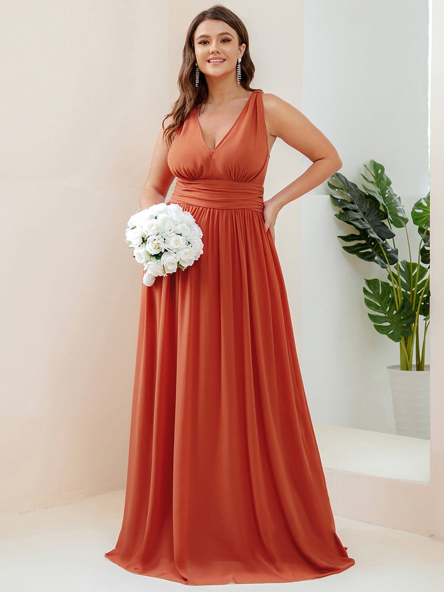 Sleeveless V-Neck Plain Maxi Chiffon Bridesmaid Dress #color_Burnt Orange