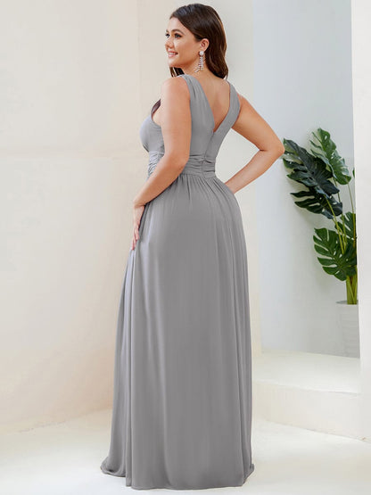 Sleeveless V-Neck Plain Maxi Chiffon Bridesmaid Dress #color_Grey