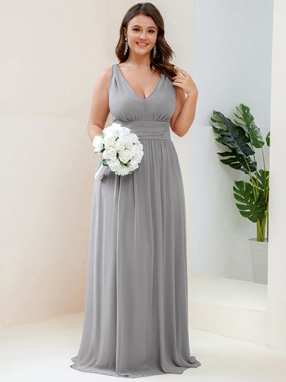 Sleeveless V-Neck Plain Maxi Chiffon Bridesmaid Dress #color_Grey