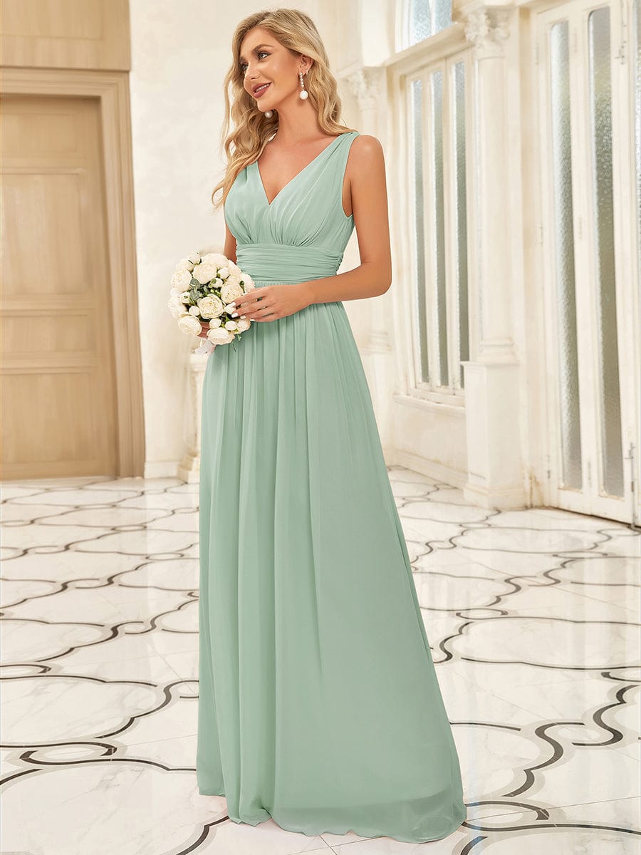 Custom Size Chiffon Sleeveless V-Neck Maxi Bridesmaid Dress #color_Mint Green