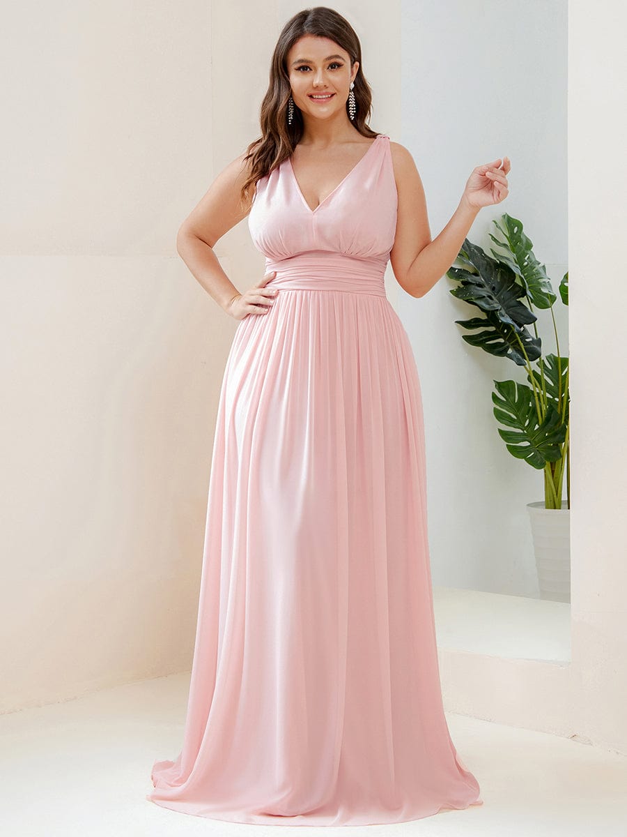 Sleeveless V-Neck Plain Maxi Chiffon Bridesmaid Dress #color_Pink