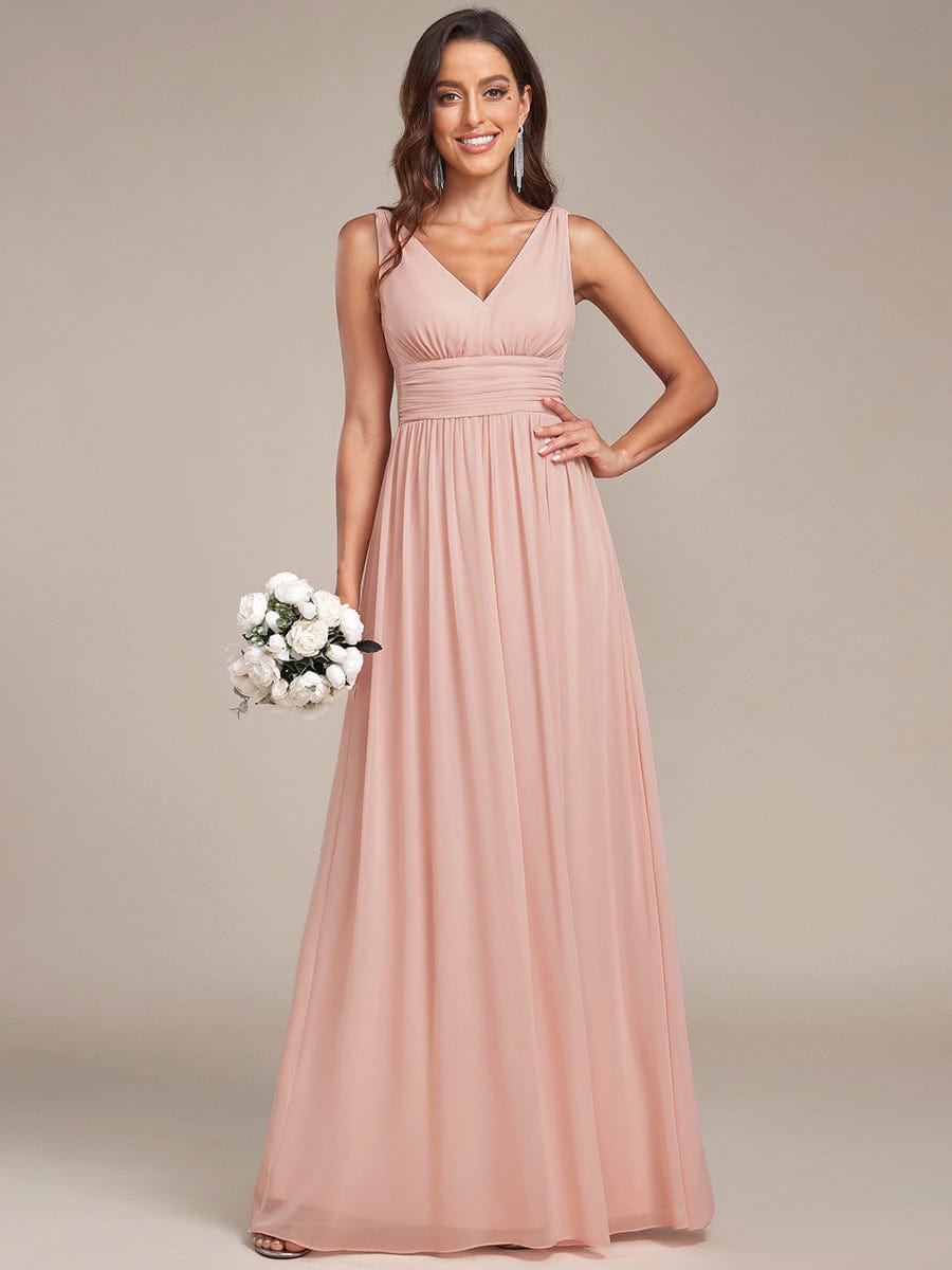 Sleeveless V-Neck Plain Maxi Chiffon Bridesmaid Dress #color_Pink