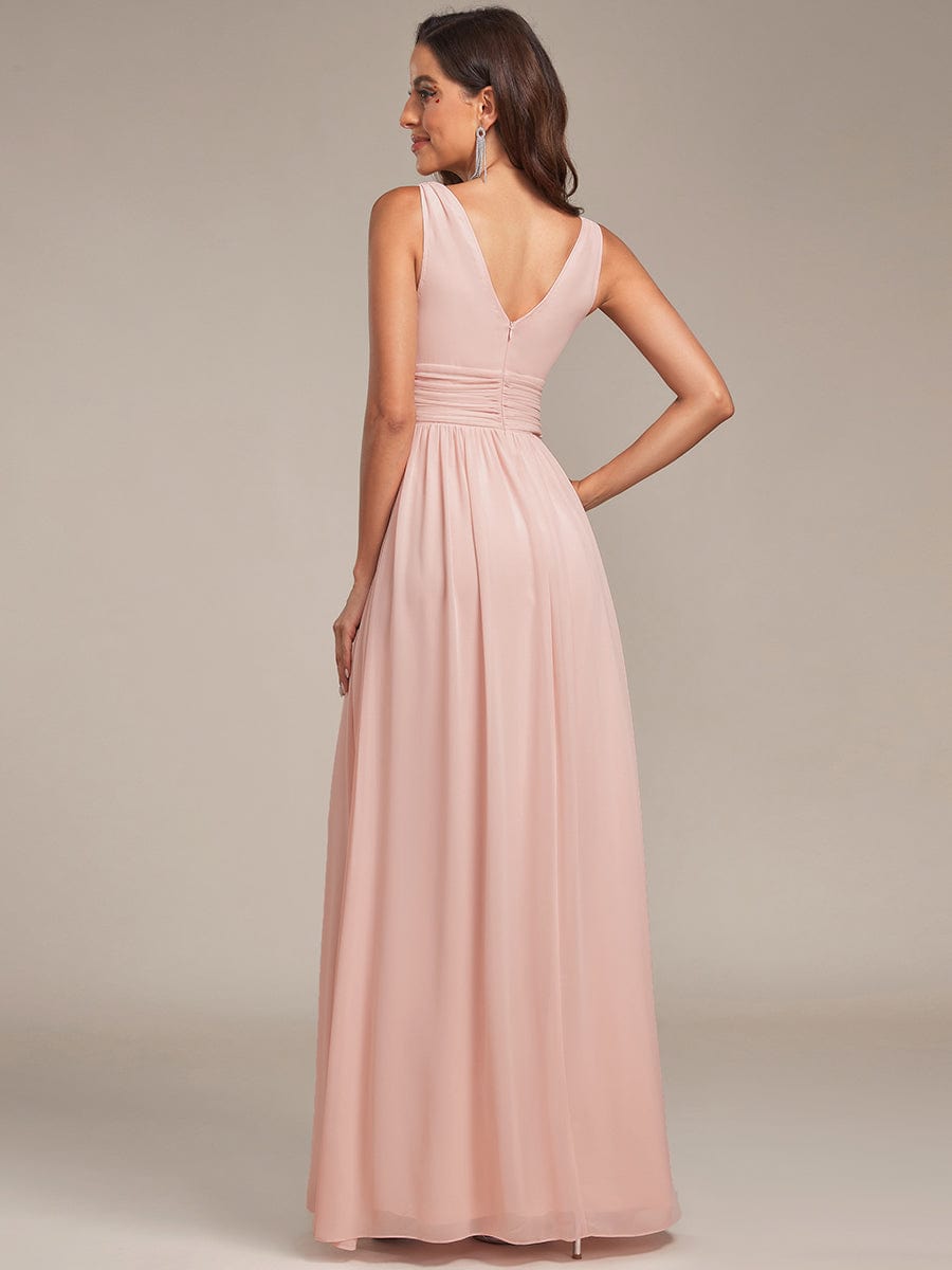 Sleeveless V-Neck Plain Maxi Chiffon Bridesmaid Dress #color_Pink