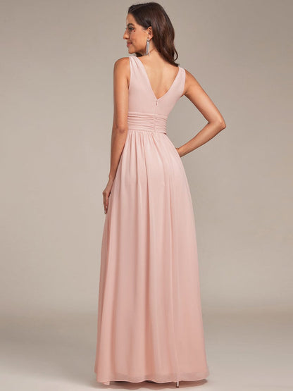 Sleeveless V-Neck Plain Maxi Chiffon Bridesmaid Dress #color_Pink