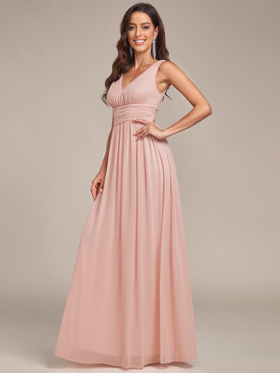 Sleeveless V-Neck Plain Maxi Chiffon Bridesmaid Dress #color_Pink