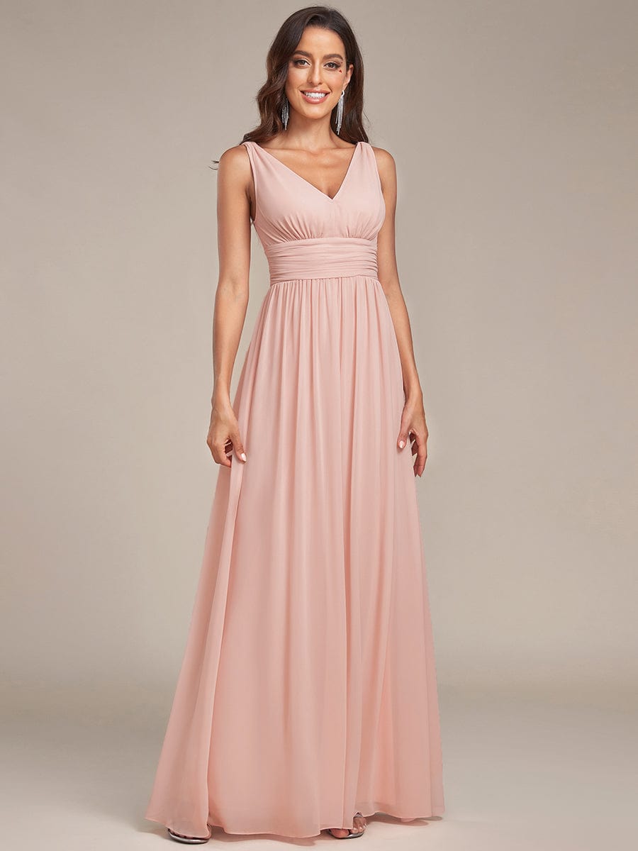 Sleeveless V-Neck Plain Maxi Chiffon Bridesmaid Dress #color_Pink