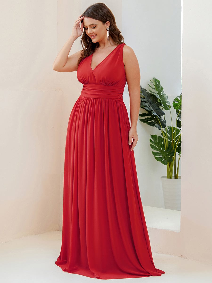 Custom Size Chiffon Sleeveless V-Neck Maxi Bridesmaid Dress #color_Red