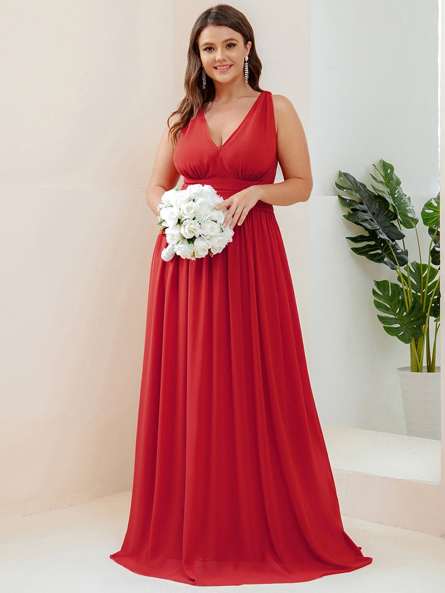 Custom Size Chiffon Sleeveless V-Neck Maxi Bridesmaid Dress #color_Red