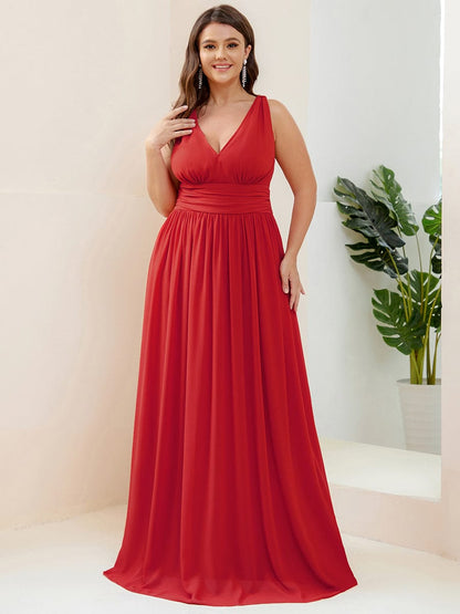 Elegant Sleeveless V-Neck Semi-Formal Maxi Chiffon Bridesmaid Dress #color_Red