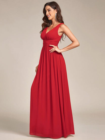 Elegant Sleeveless V-Neck Semi-Formal Maxi Chiffon Bridesmaid Dress #color_Red