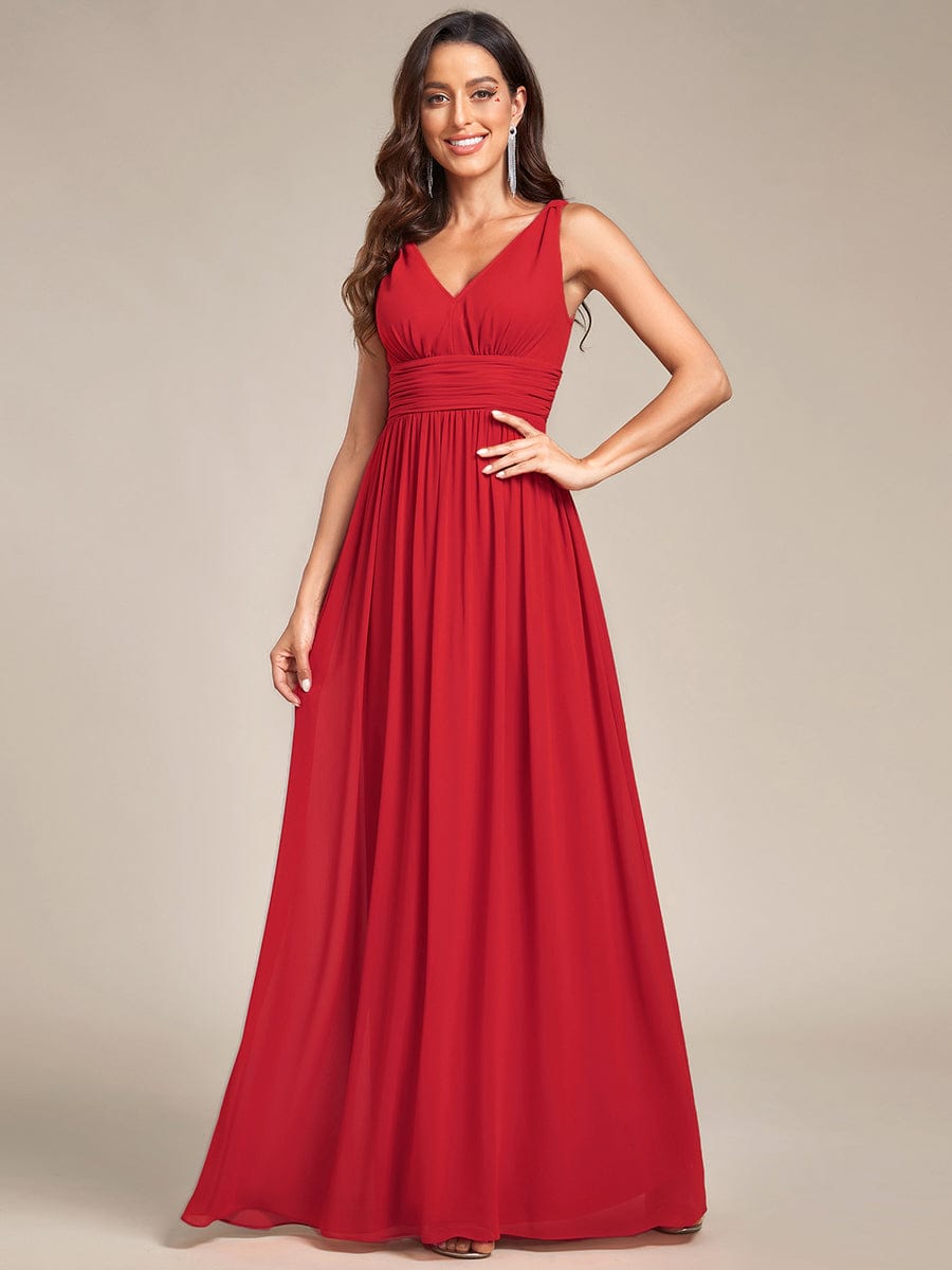 Elegant Sleeveless V-Neck Semi-Formal Maxi Chiffon Bridesmaid Dress #color_Red